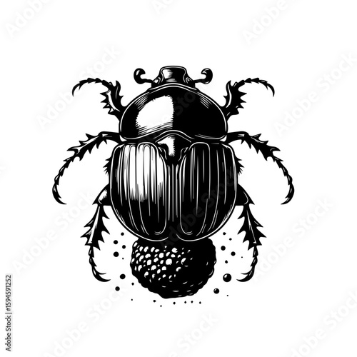 Detailed Black and White Scarab Beetle Illustration.