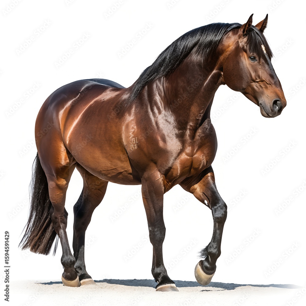 Obraz premium Muscular Brown Horned Horse Isolated on White – Power and Elegance in Detail