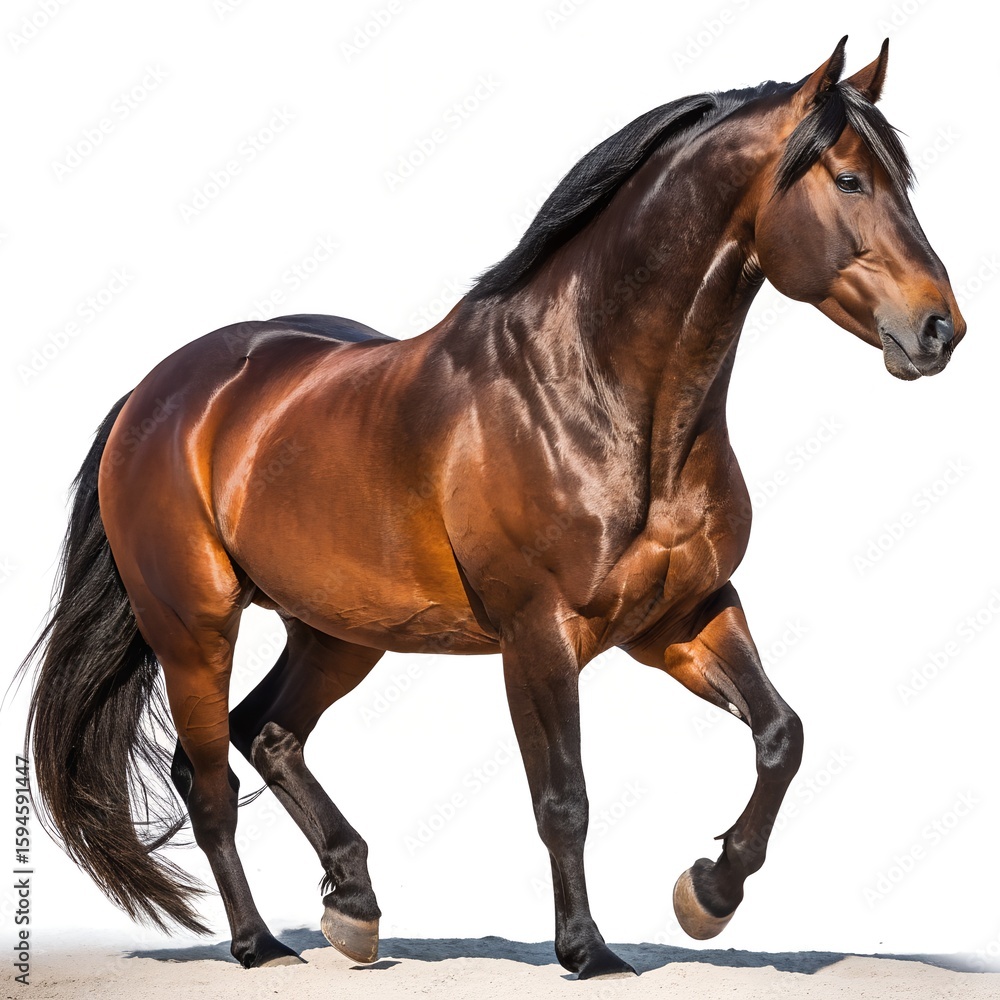 Fototapeta premium Muscular Brown Horned Horse Isolated on White – Power and Elegance in Detail