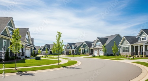 Beautiful suburban neighborhood with modern homes and green lawns