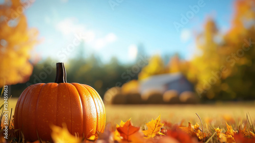 Vibrant pumpkin sits among colorful autumn leaves, capturing essence of fall harvest in serene landscape