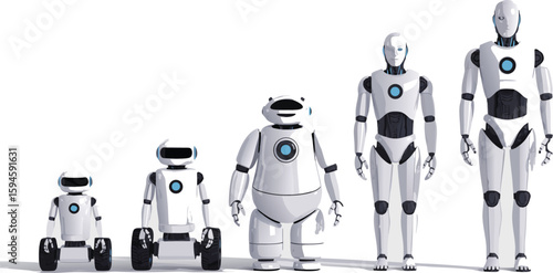 Evolution of Robots Progression of White Futuristic Robots with Varying Shapes and Sizes on White Background