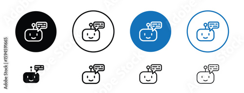 set of pixel perfect colored Chatbot icon, 1 silhouette, 1 Unexpanded, Robot or assistant head in a chat bubble representing AI support.