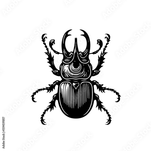 Intricate Black and White Scarab Beetle Illustration.