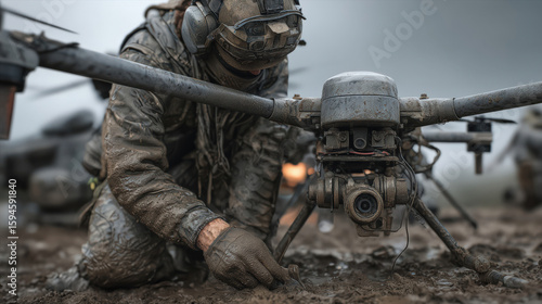 A soldier working on a drone in a muddy environment.