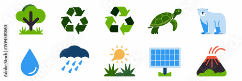 Modern vector icons for nature conservation with turtle, polar bear, and volcano – Suitable for sustainability infographics, environmental education, or conservation promotions