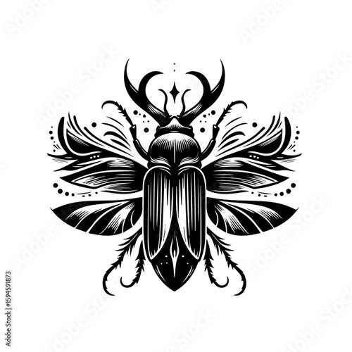 Ornate Black Beetle with Decorative Wings and Horns.
