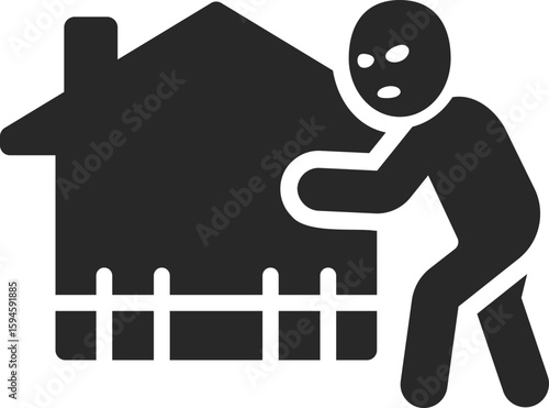 Thief stealing house icon symbolizing burglary, property crime, and masked criminal activity