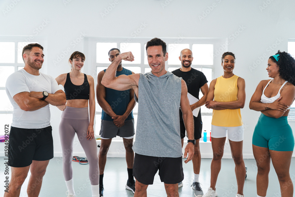 Naklejka premium Multiethnic group of sportive people doing functional workout at the gym, concepts about sport and fitness - Athletes training for strenght and cardio