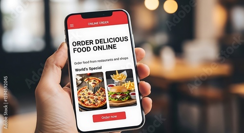 A person's hand holds a smartphone displaying a food ordering app.