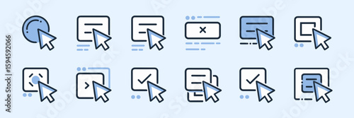 Minimalist mouse click icon set with cursor over button, checkbox, and text field elements