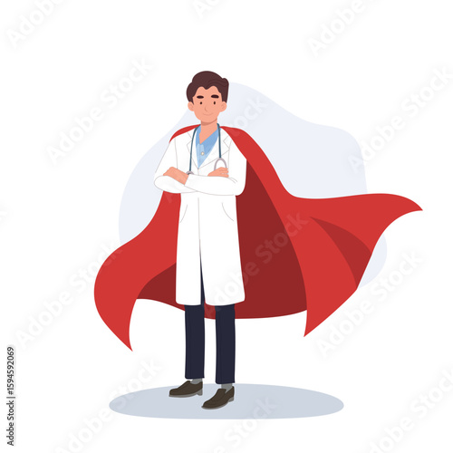 doctor superhero concept cartoon male healthcare worker with red cape arms crossed confident medical hero
