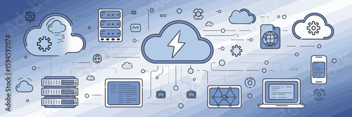 Cloud computing environment illustration with digital devices and server icons – Great for tech blogs, IT services, or digital transformation content