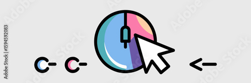 Computer mouse with colorful icons for single, double, and right clicks in vector style