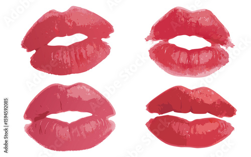 Four Pairs of Red Lips with Watercolor Texture Isolated on White Background for Design