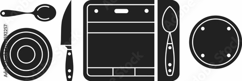 Minimalist black and white vector of kitchen tools on cutting board and floor – Suitable for modern food blogs, culinary apps, or product manuals