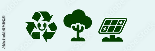 Minimalist eco icon set with recycling bin, tree, and solar panel – Ideal for environmental infographics, eco-friendly branding, or educational materials