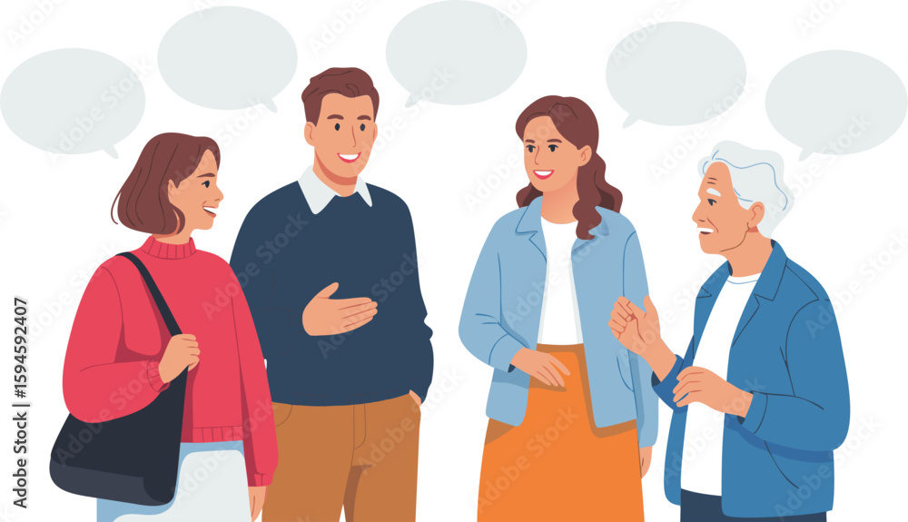 Fototapeta premium Group of Four People Conversing with Speech Bubbles, Diverse Ages, Smiling, Casual Clothing, Art
