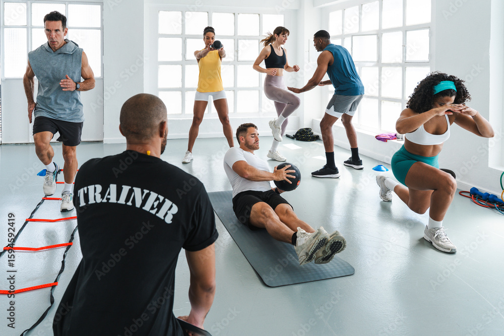 Fototapeta premium Multiethnic group of sportive people doing functional workout at the gym, concepts about sport and fitness - Athletes training for strenght and cardio