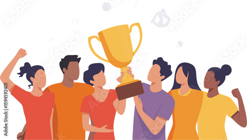 Group of Faceless People Holding Up a Gold Trophy and Celebrating Together Victory