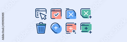 Grid of vector buttons with click actions like checkmark, x, trash, plus and minus icons