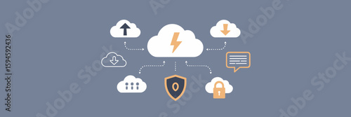 Cloud service vector with security, syncing, and communication icons – Ideal for IT branding, software-as-a-service concepts, or secure cloud storage interfaces.