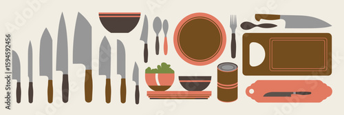 Beige background vector of assorted kitchen utensils and prep tools – Perfect for cooking guides, kitchenware brands, or food prep tutorials