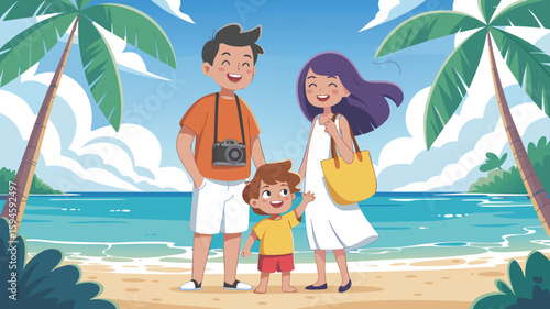 Happy Cartoon Family with Camera Enjoying Vacation Time Together at the Beach With Palm Trees