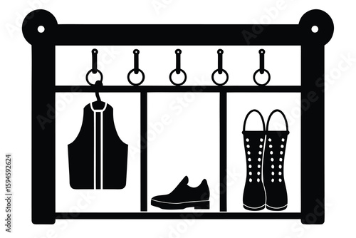 Black and White Wardrobe Silhouette Hanging Vest, Loafer Shoe, and Boots Storage Illustration