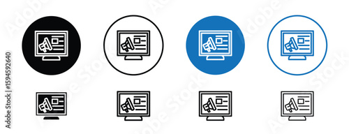 set of pixel perfect colored Digital marketing icon, 1 silhouette, 1 Unexpanded, Online ad, chart, or megaphone icon denoting internet promotion.