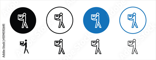 set of pixel perfect colored Delivery person icon, 1 silhouette, 1 Unexpanded, Human figure carrying a box representing shipment staff.