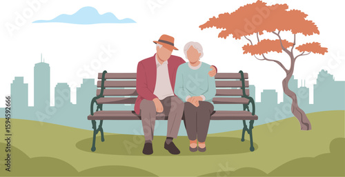 Illustrated Elderly Couple Sitting on Park Bench with Cityscape and Autumn Tree Backdrop