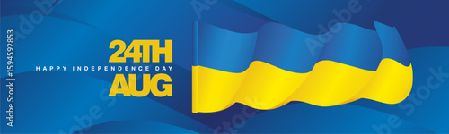 24th of August Ukraine Happy Independence Day banner with wavy Ukraine flag on abstract blue background