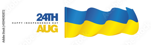 24th of August Ukraine Happy Independence Day banner with wavy Ukraine flag on white background