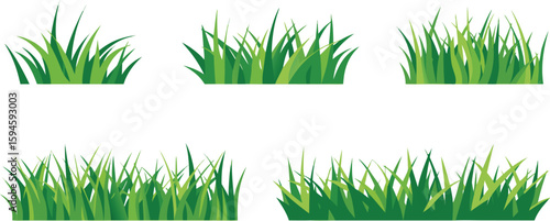 Illustration Assorted Green Grass Clumps, Isolated Patches, Lawn Borders on White