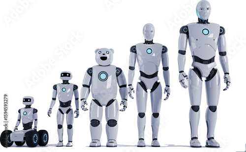 Row of Five Robots with Varying Designs and Sizes on White Background, Scifi Concept
