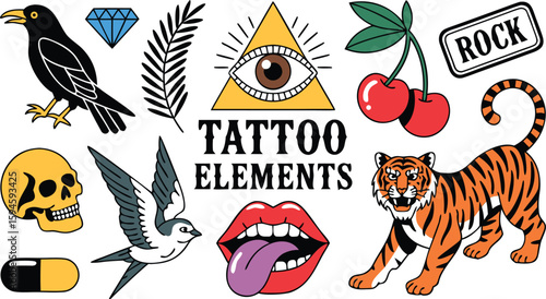 Tattoo Flash Sheet with Traditional Designs Tiger, Bird, Skull, All Seeing Eye and More