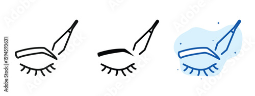 set of pixel perfect colored Eyebrow plucking icon, 1 silhouette, 1 Unexpanded, Tweezers plucking eyebrow hairs for grooming.
