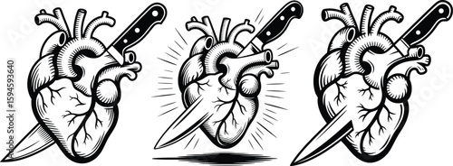 Stabbed Anatomical Heart Vector Set, Black and White Tattoo Style Illustrations.

