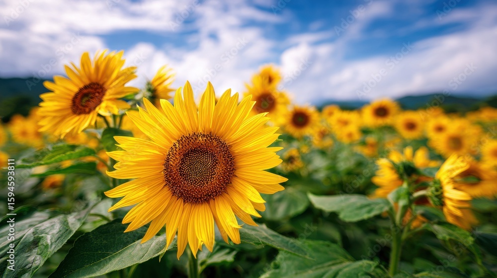 Obraz premium Beautiful sunflowers blooming in an expansive field under a bright blue sky with fluffy clouds, showcasing vibrant yellow petals and green leaves.