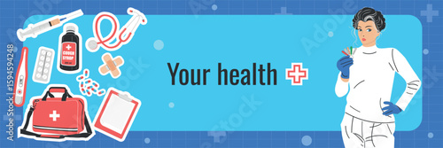 Medical banner. Vector image of a female doctor and medicine symbols