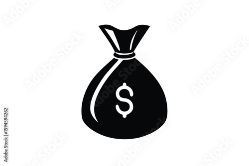 Black Silhouette of Money Bag with Dollar Sign on White Background