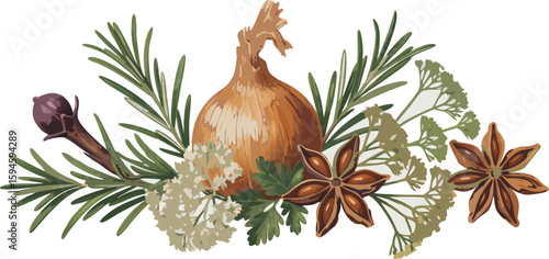 Watercolor Painting of Onion, Star Anise, Rosemary, Clove, Parsley, and Dill Flowers Arrangement on White