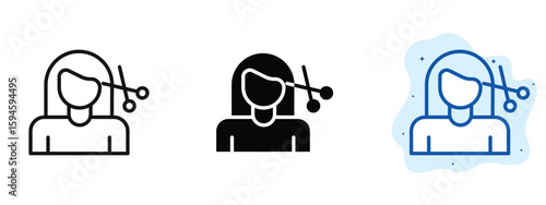 set of pixel perfect colored Hair cut icon, 1 silhouette, 1 Unexpanded, Scissors and hair lock representing trimming.