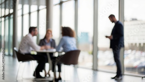 Team discussion in soft blur — exchanging thoughts in corporate environment
