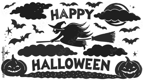 A halloween scene with a witch flying on a broom, bats, pumpkins, clouds and the words happy halloween