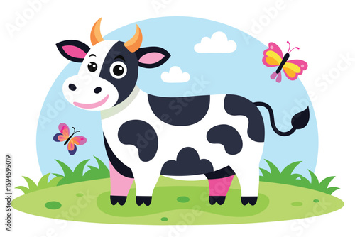 Cartoon Cow with Butterflies on Green Field under Blue Sky, Funny Farm Animal