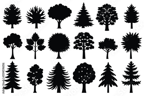 Collection of Diverse Tree Silhouettes Black and White Illustration for Design Projects