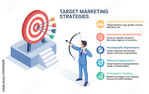 An isometric business infographic target marketing strategies. A businessman aiming a arrow at a target concept template. Timeline, banner, diagram, web design.