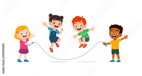 Happy Diverse Children Jumping Rope Together in Colorful Cartoon Style Illustration on White Background